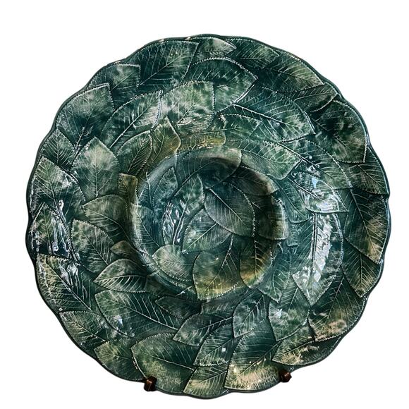 Green Leaves Chips and Dip Platter Ceramic Made in Italy - Picture 1 of 6